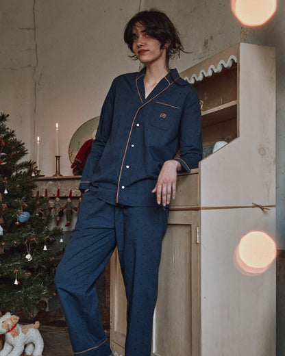 Pyjama femme - Coeurs brodés navy