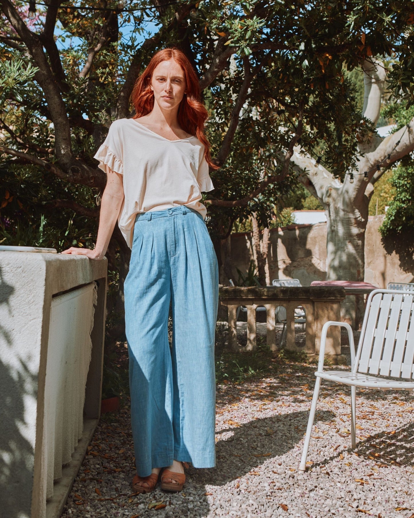 Pantalon palazzo coton lin bleu clair