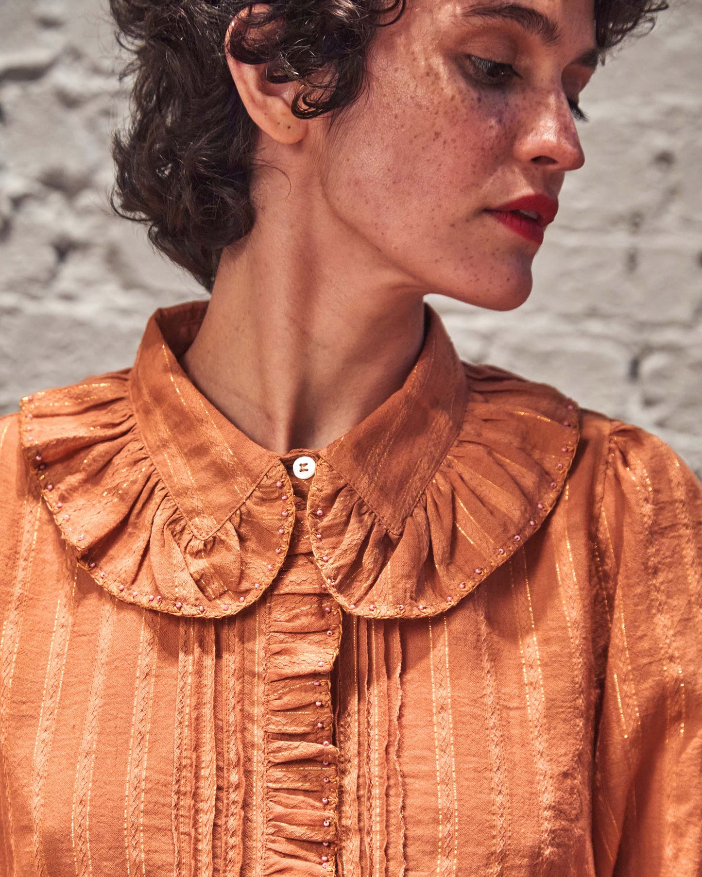 Blouse lurex à perles caramel