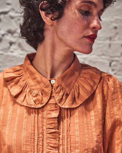 Blouse lurex à perles caramel