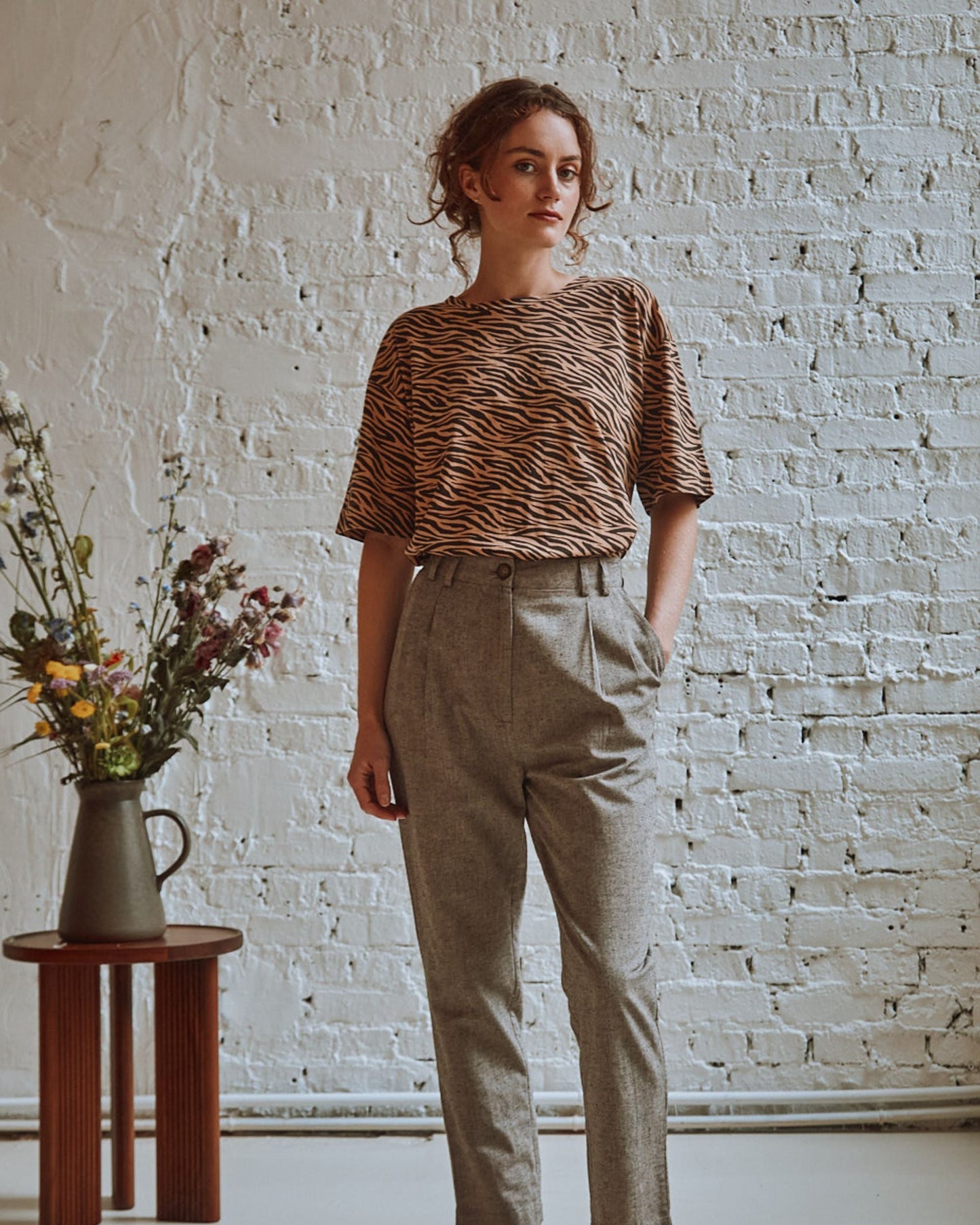 Pantalon carotte brun chiné