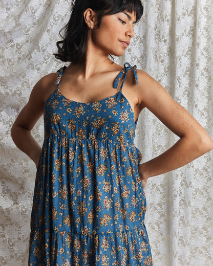 Robe à bretelles viscose et soie floral bleu