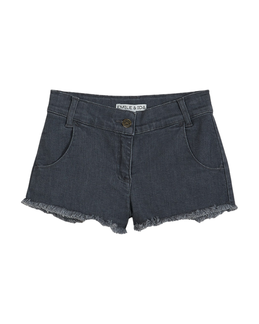 Short brodé chat denim gris