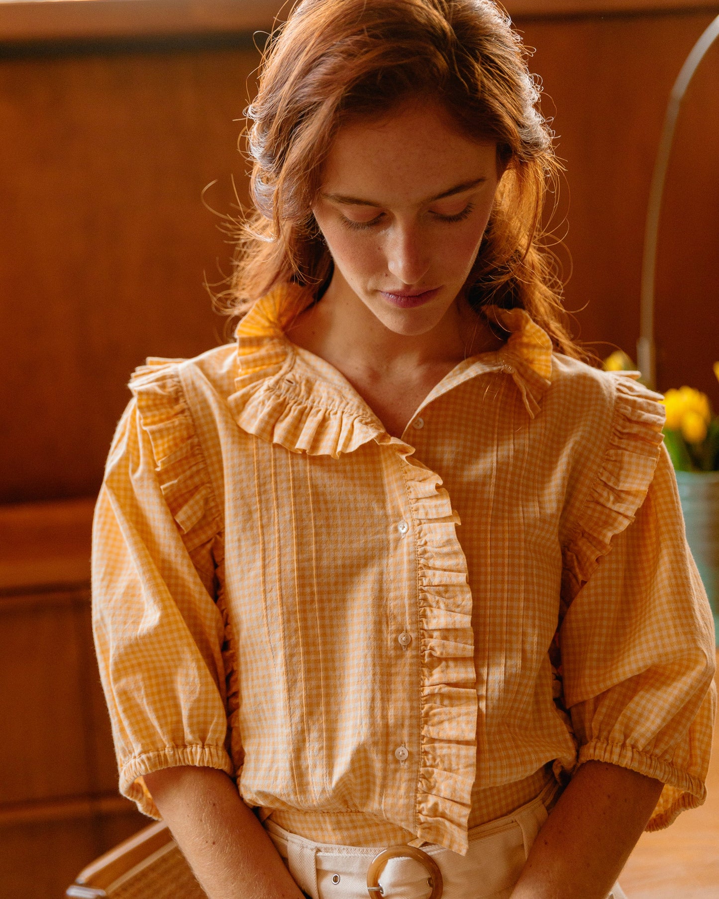 Blouse vichy jaune et écru