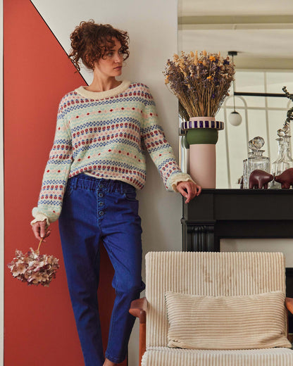 Pull femme jacquard écru