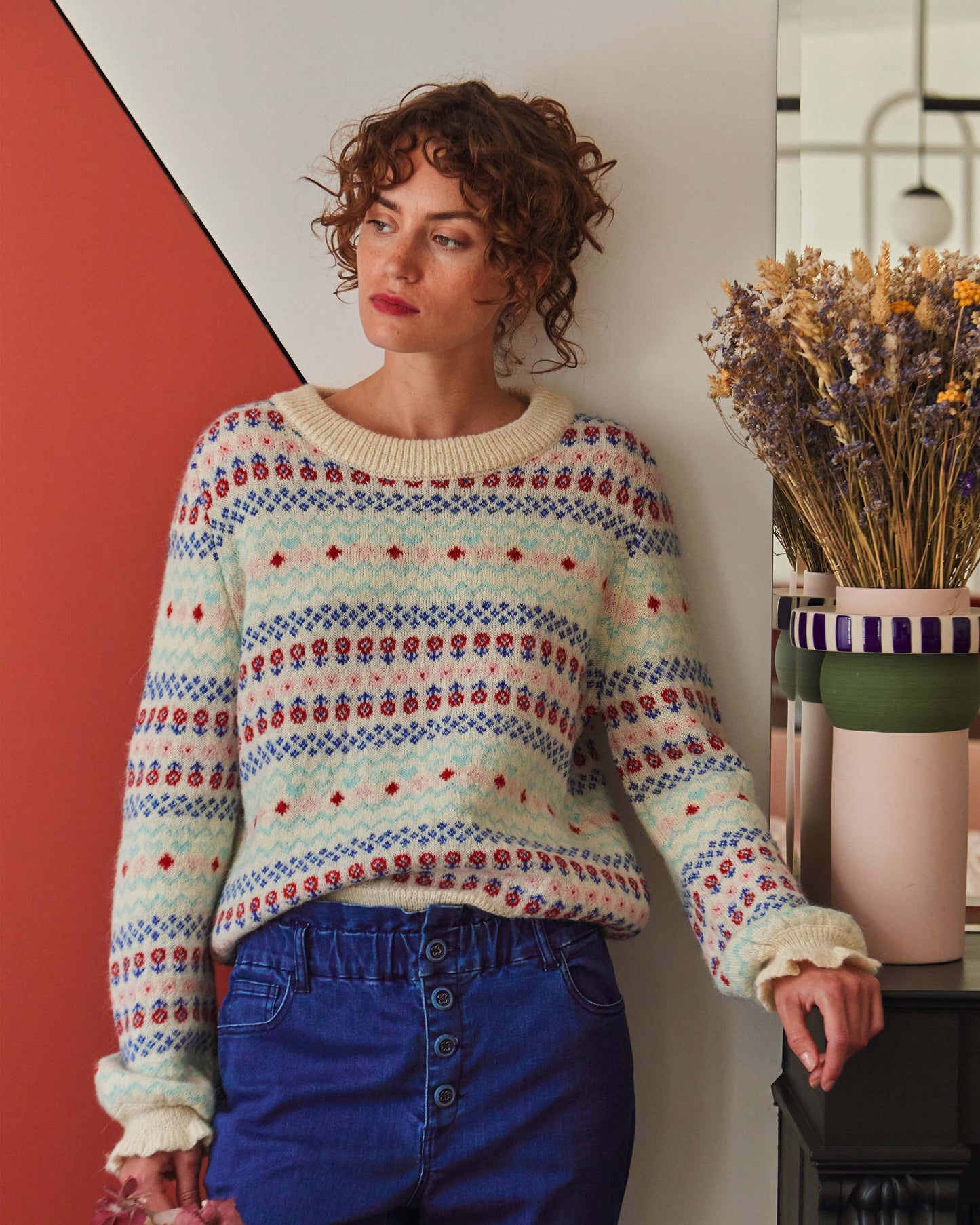 Pull femme jacquard écru
