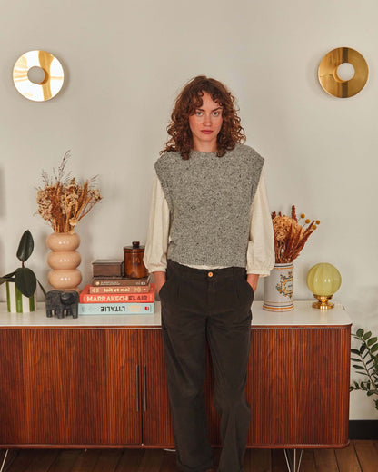 Pull sans manches laine recyclée gris chiné
