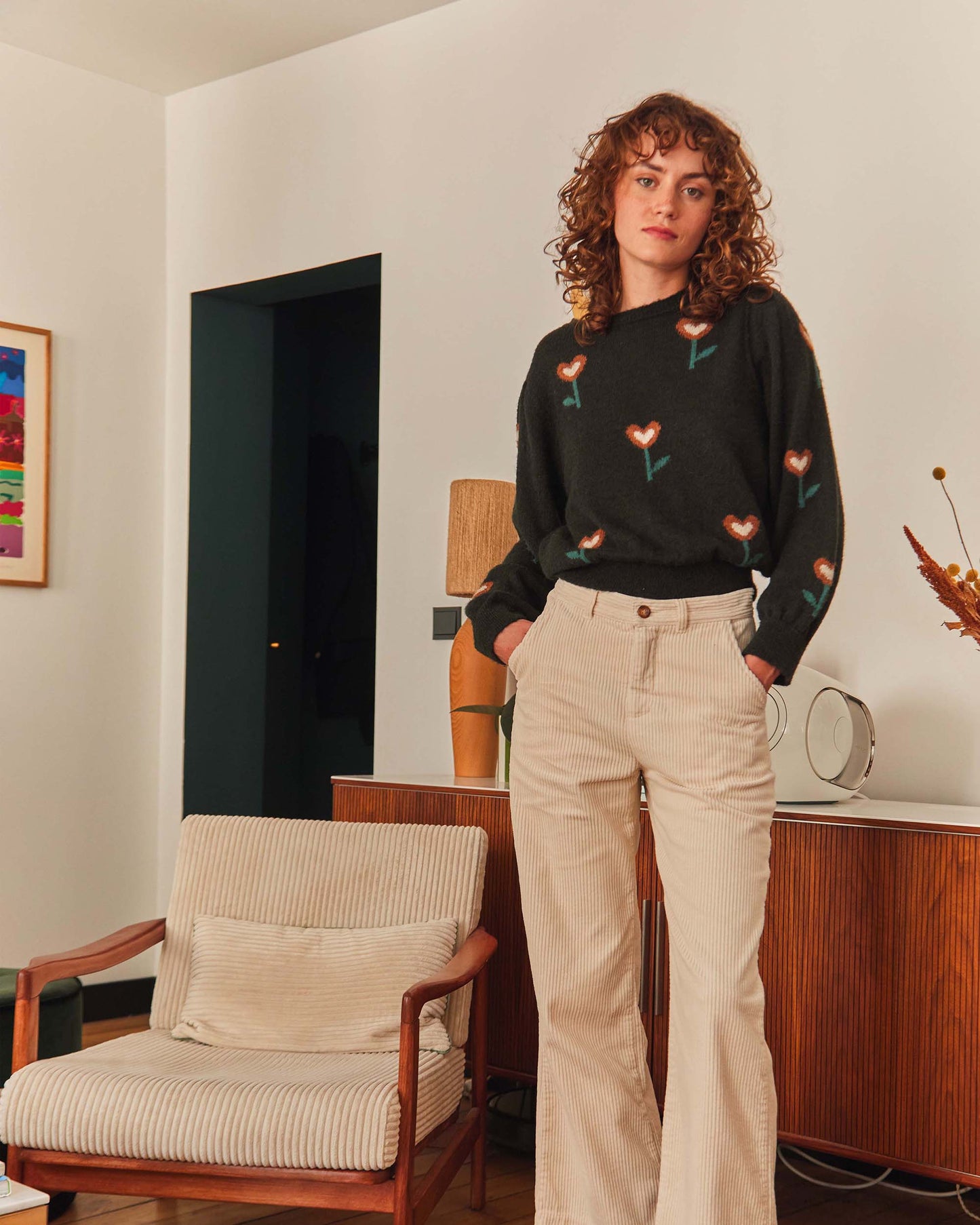 Pantalon ample velours écru