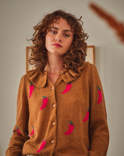 Cardigan femme collerette piment marron