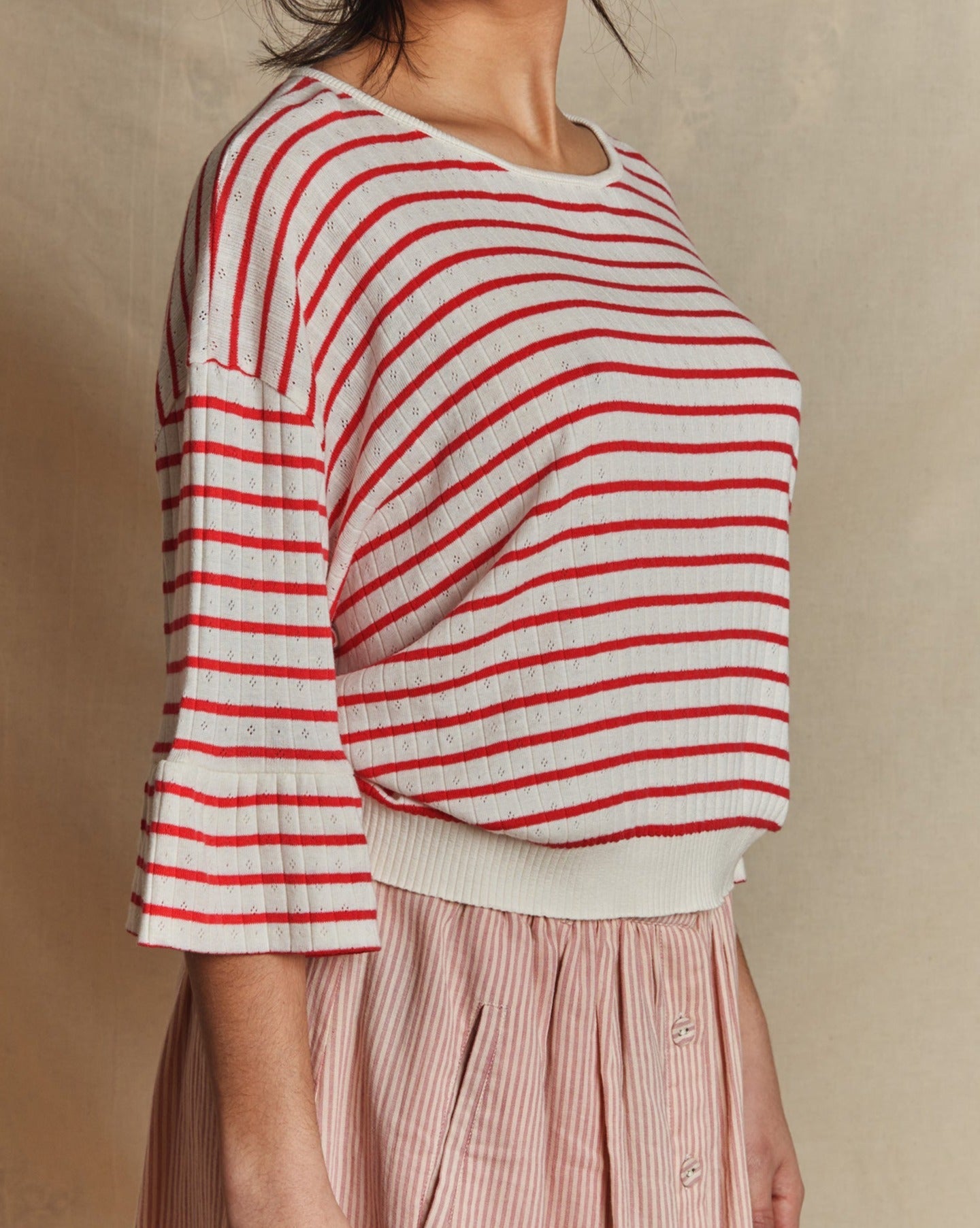 Tee-shirt rayé coton modal rouge et écru