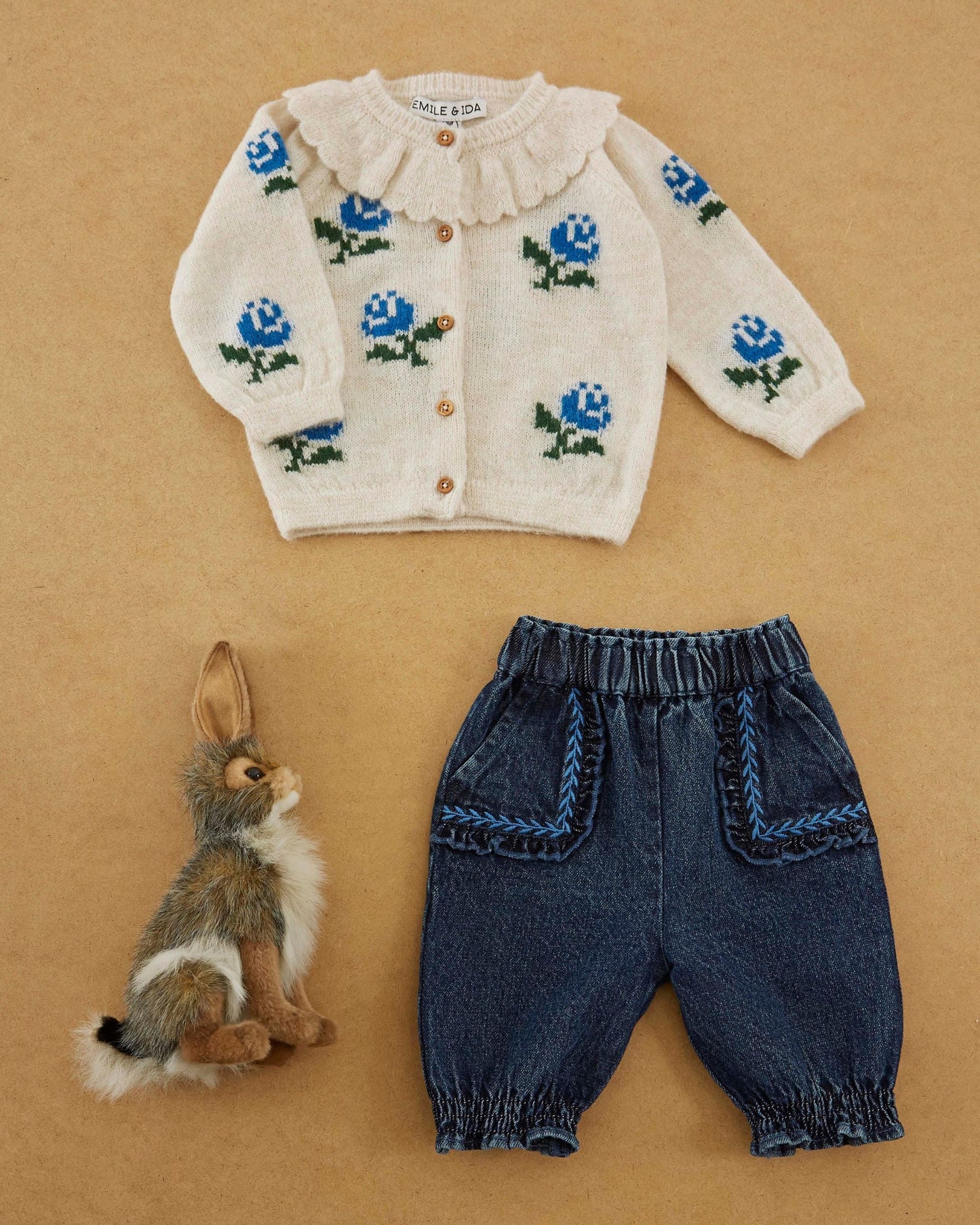 Cardigan - Col volanté fleurs écru