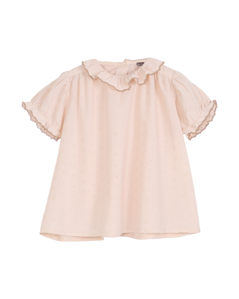 Blouse évasée broderie anglaise rose