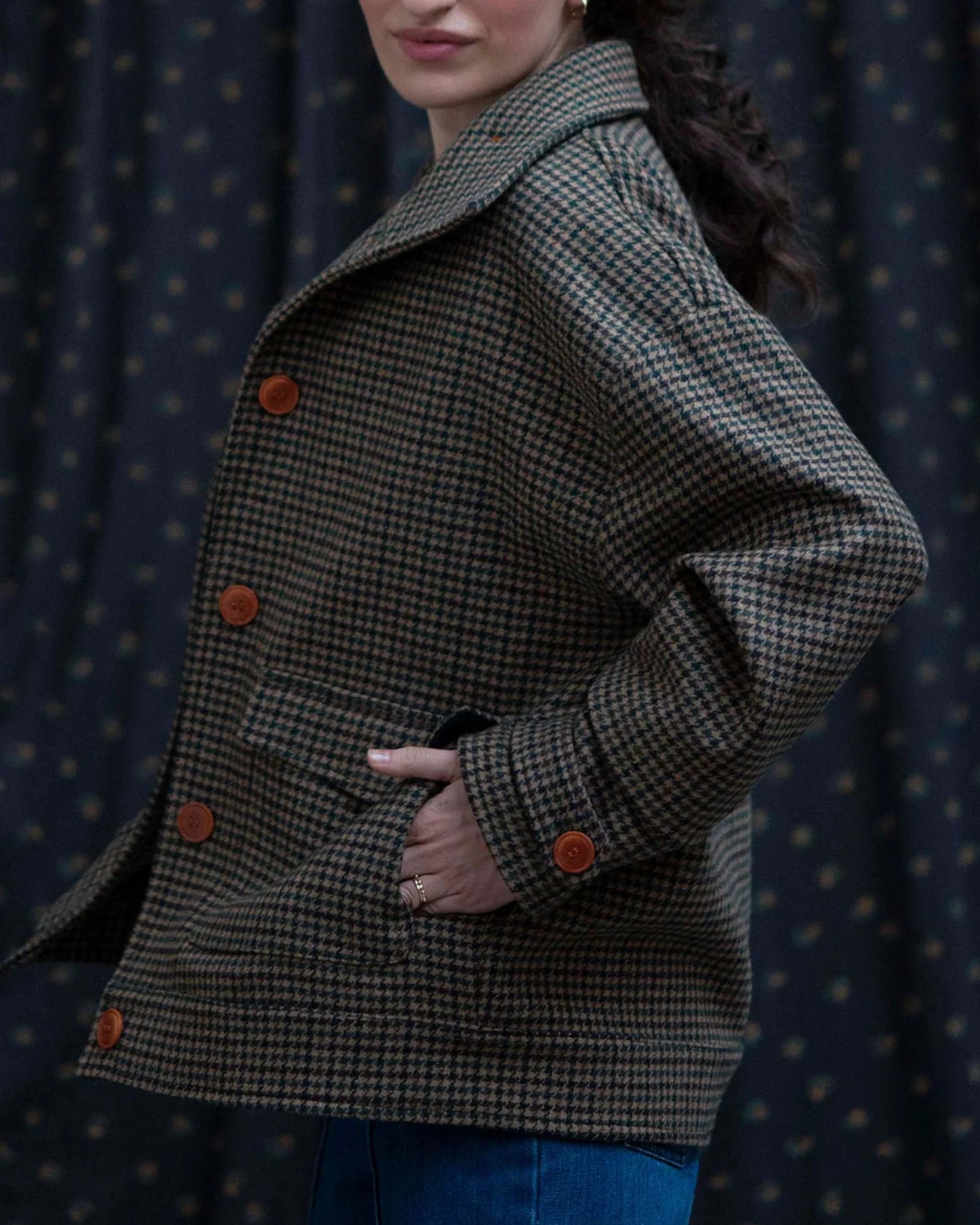 Blouson laine recyclée pied de poule vert