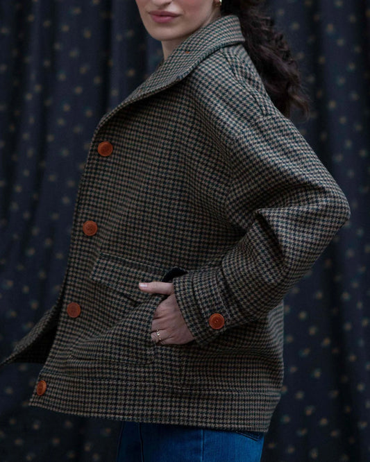Blouson laine recyclée pied de poule vert