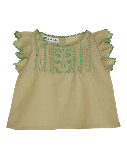 Blouse brodée voile de coton pistache