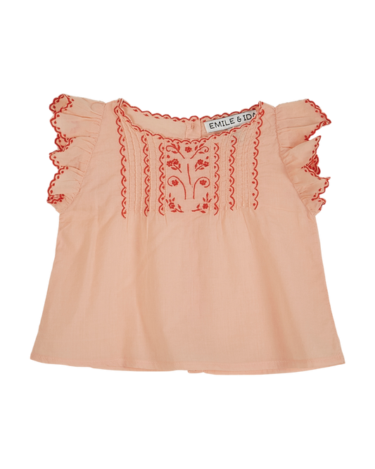 Blouse brodée voile de coton rose