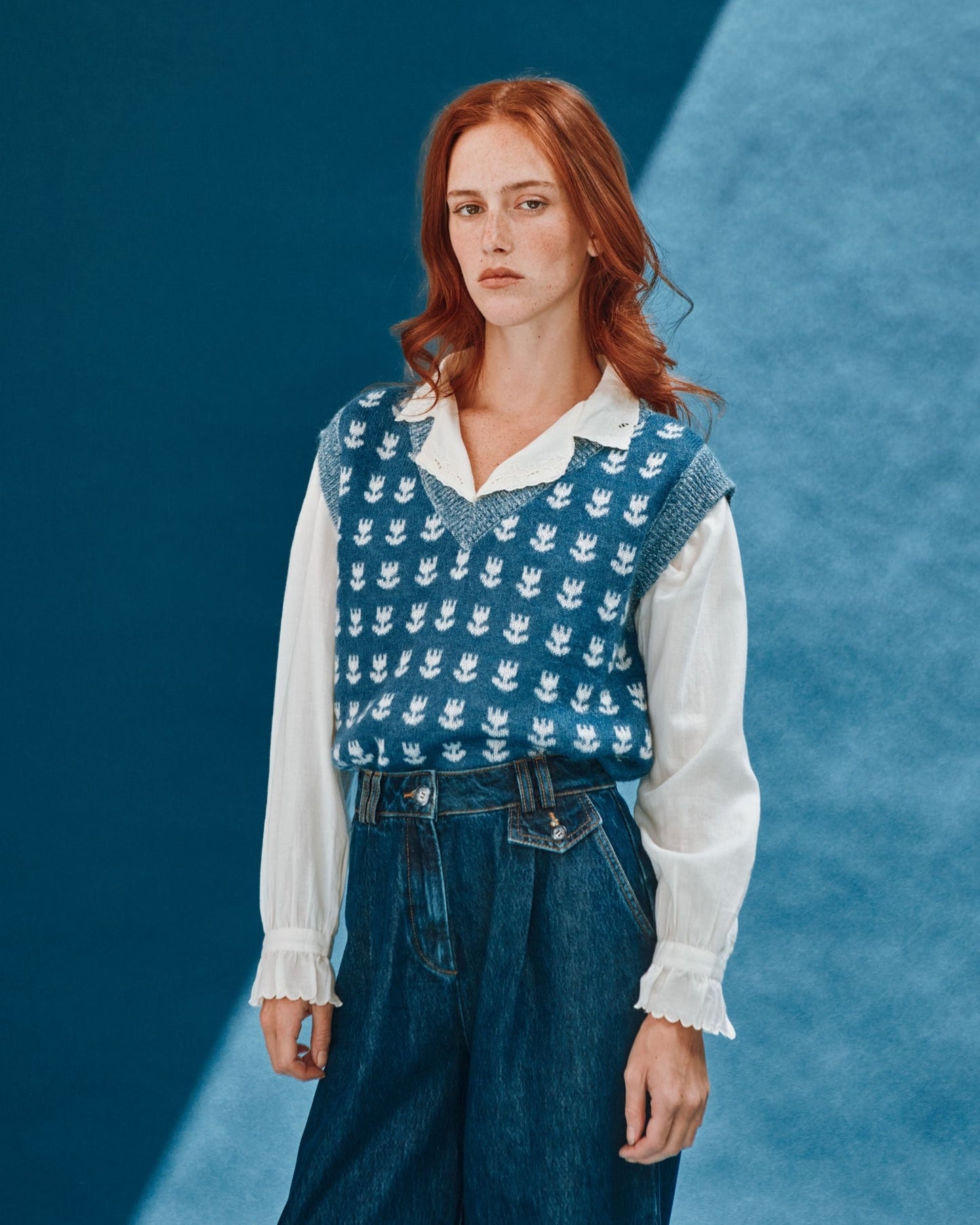 Pull - Sans manches tulipes bleu