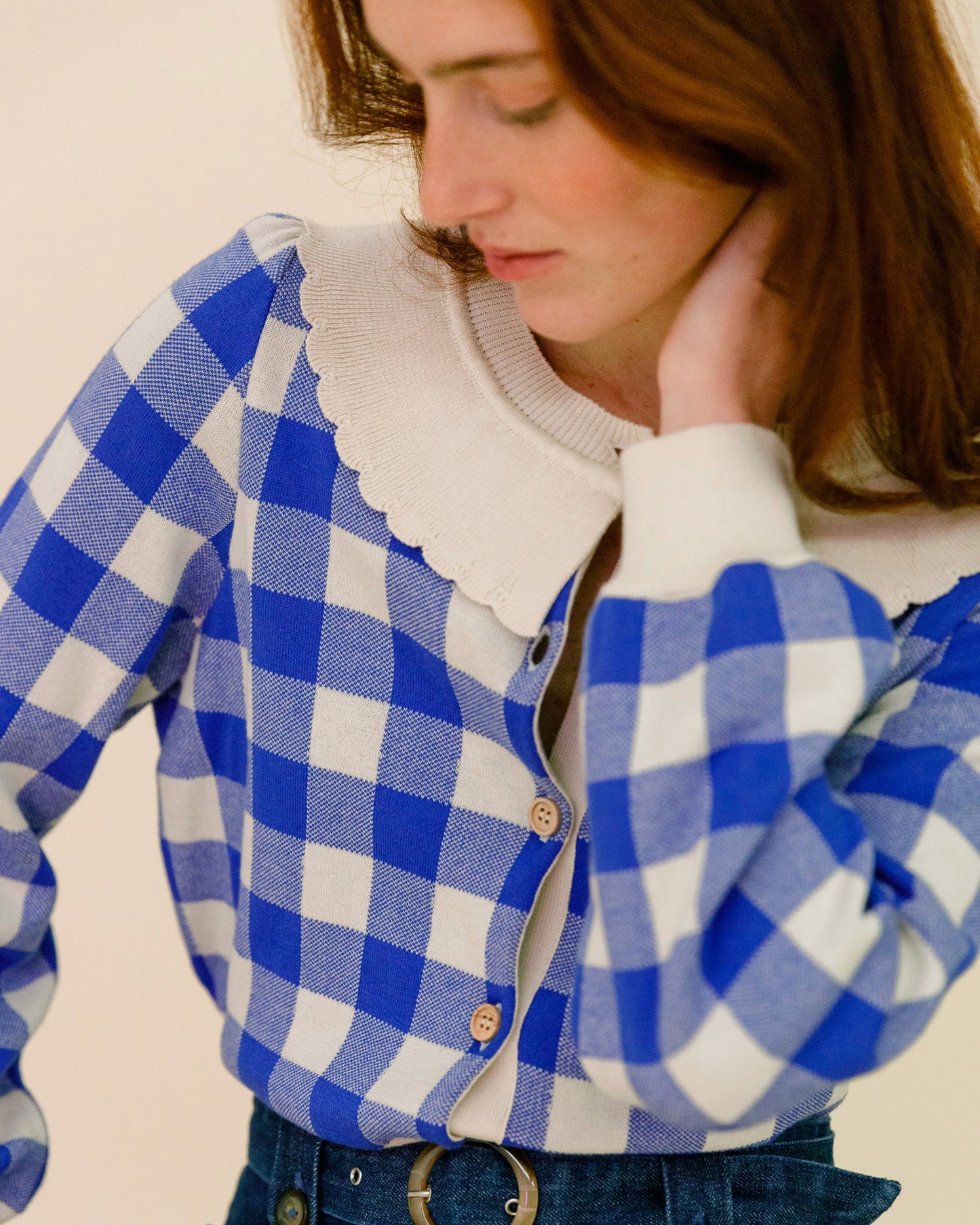 Cardigan coton bio femme vichy bleu
