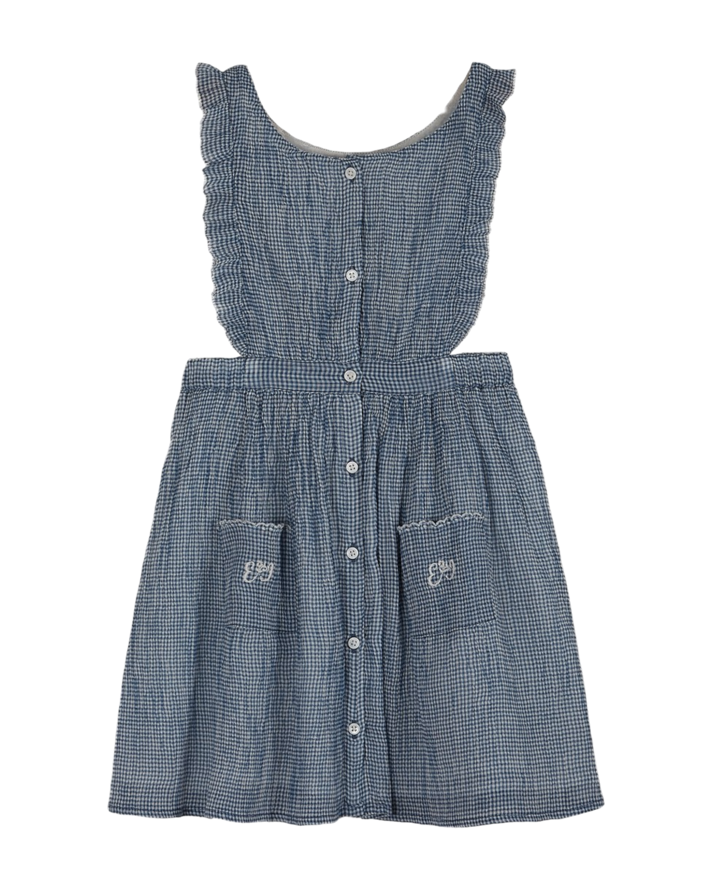 Robe tablier voile de coton créponné vichy bleu