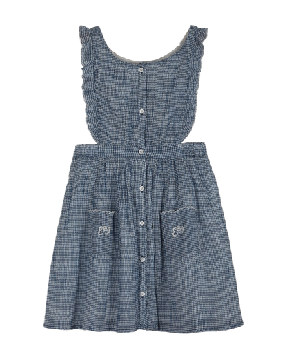 Robe tablier voile de coton créponné vichy bleu