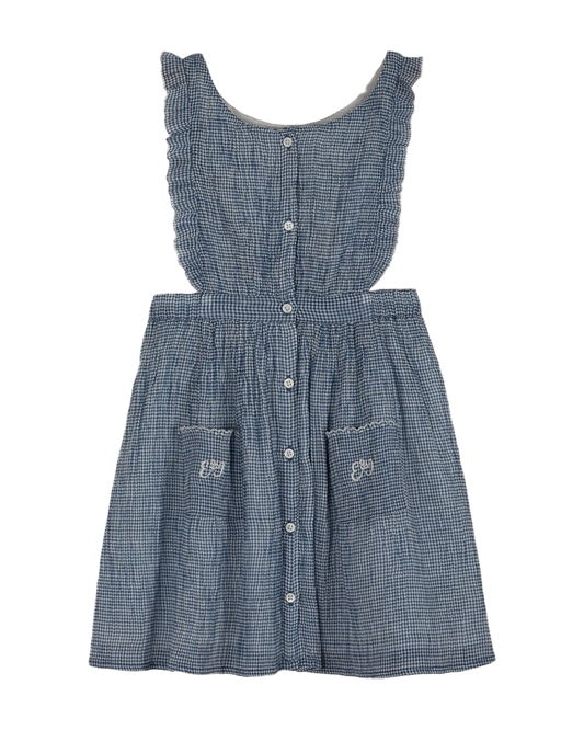 Robe tablier voile de coton créponné vichy bleu