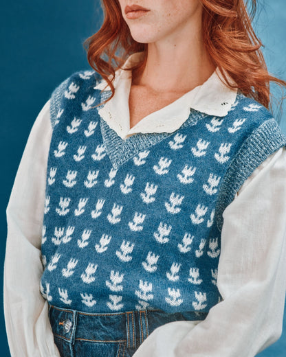 Pull - Sans manches tulipes bleu