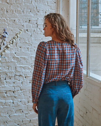 Blouse khadi écossais rouge et bleu