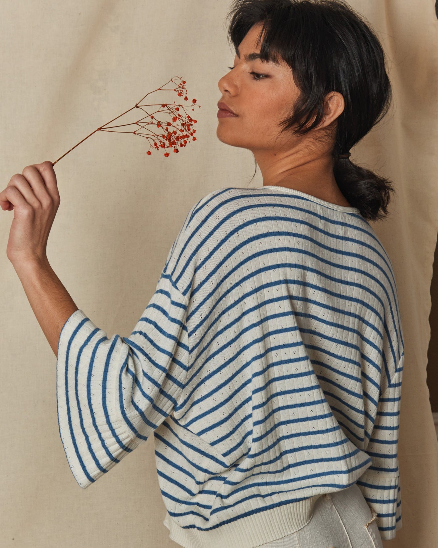 Tee-shirt rayé coton modal bleu et écru