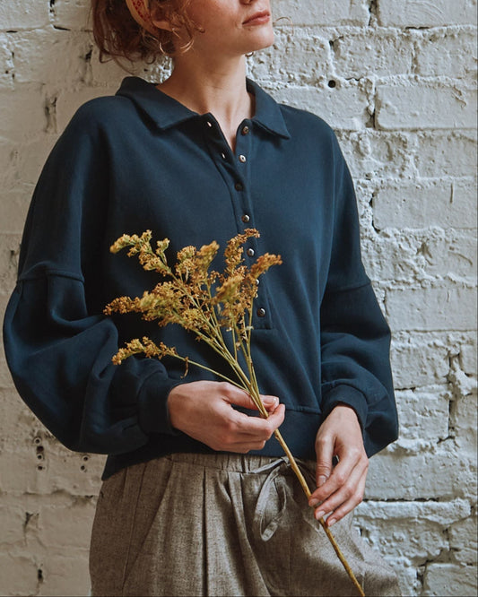 Sweat boutonné coton bio noir bleuté