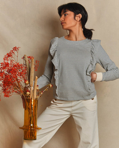 Sweatshirt rayé coton bio écru et bleu marine