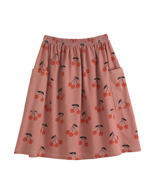 Jupe mi-longue coton bio cerises terre