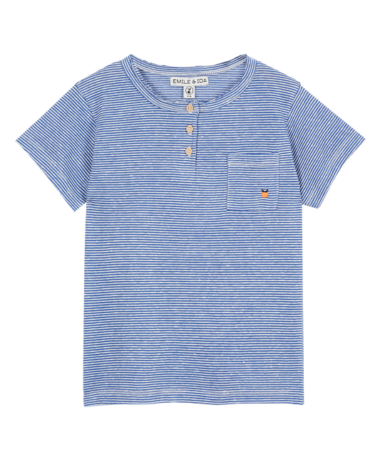 T-shirt col tunisien coton bio flammé bleu