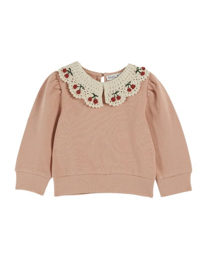 Sweat coton bio col brodé blush
