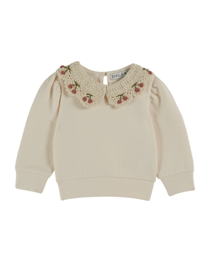 Sweat coton bio col brodé crème