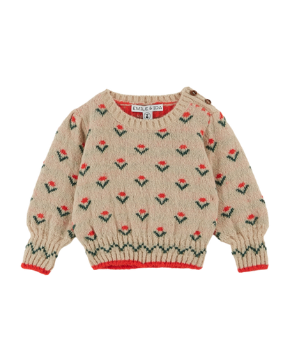 Pull jacquard à fleurs écru