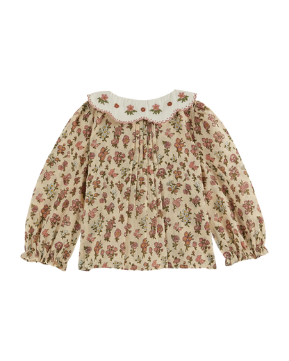 Blouse col brodé champêtre rose