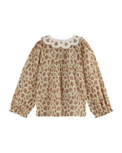 Blouse col brodé champêtre rose