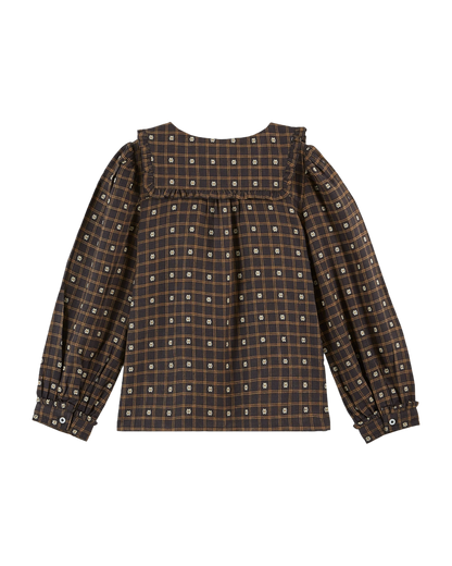 Blouse col carré carreaux et fleurs noir