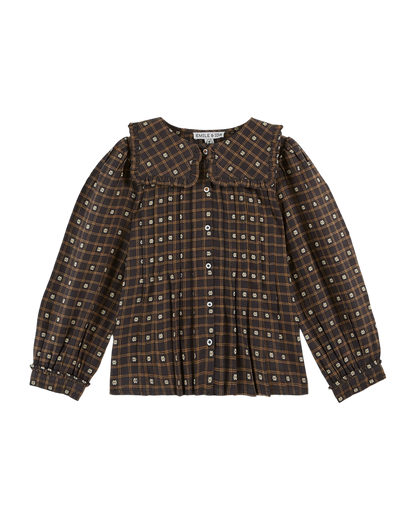 Blouse col carré carreaux et fleurs noir