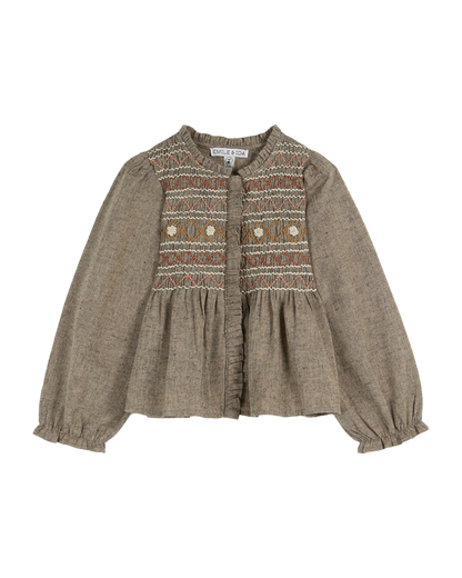 Blouse smockée brun chiné