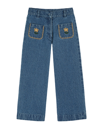 Jean brodé poches fleurs denim