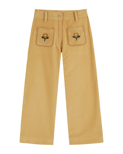 Pantalon brodé velours jaune