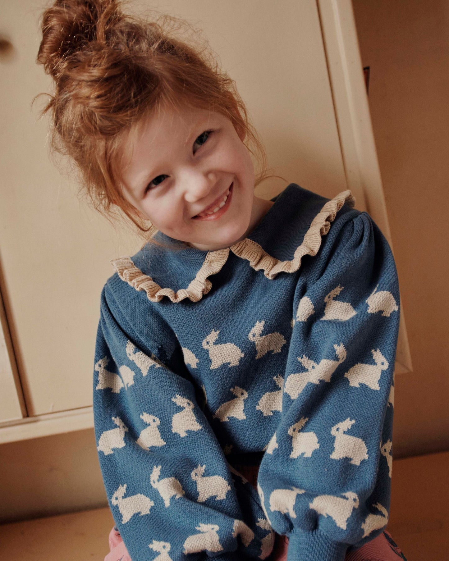 Pull jacquard lapin fille coton bio bleu