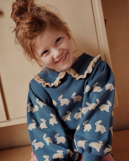 Pull jacquard lapin fille coton bio bleu