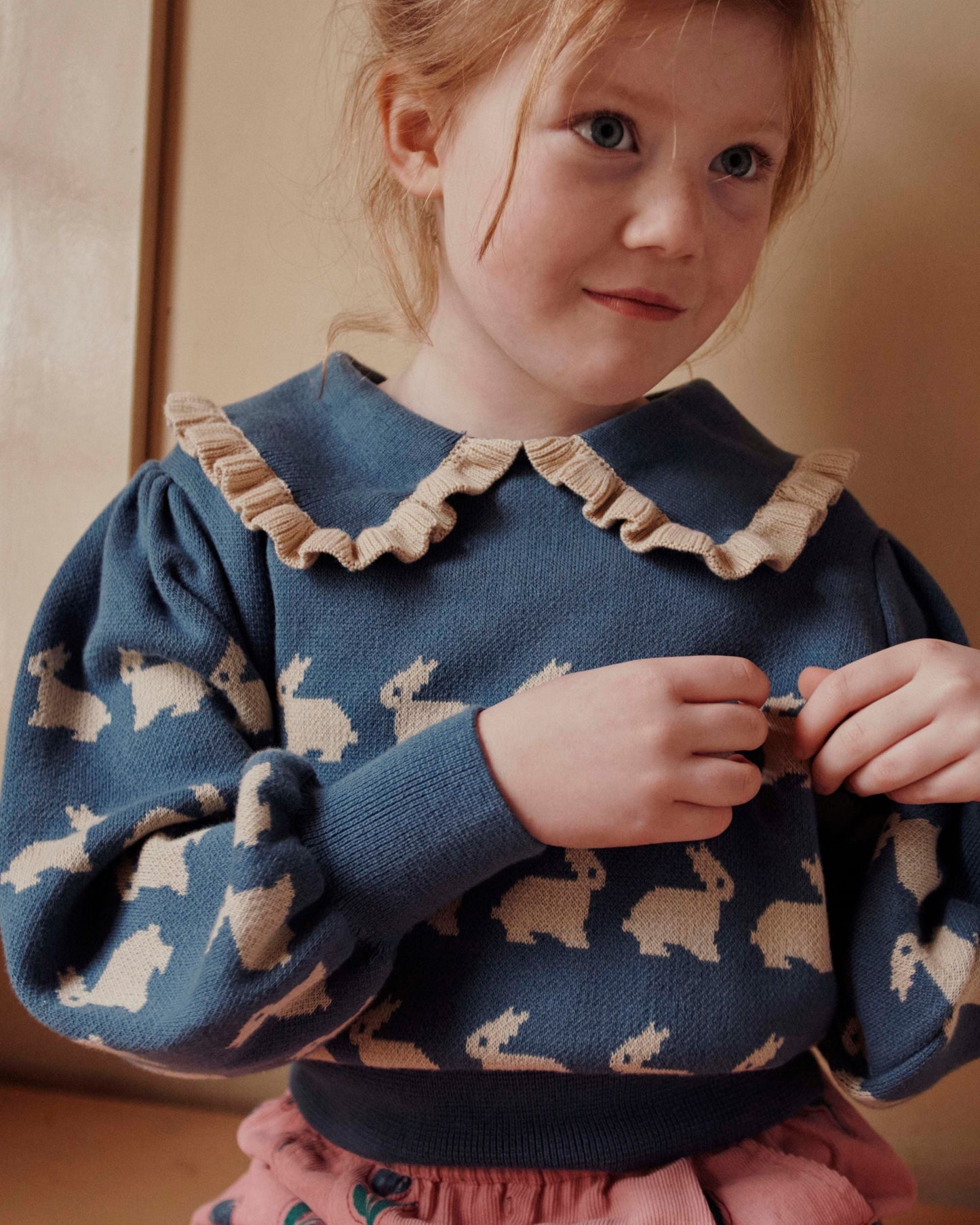 Pull jacquard lapin fille coton bio bleu