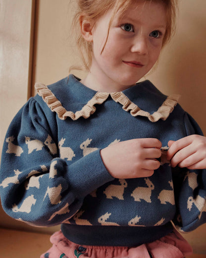Pull jacquard lapin fille coton bio bleu