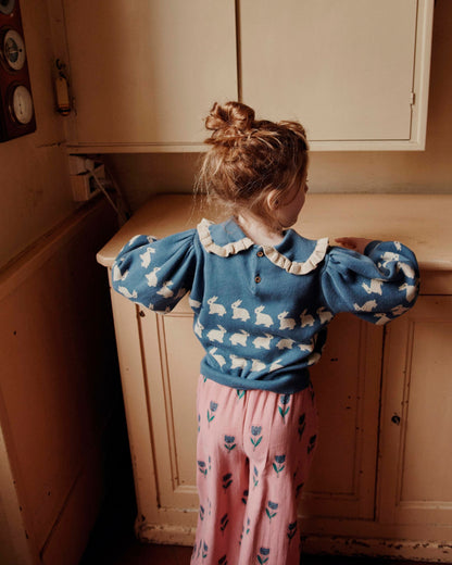 Pull jacquard lapin fille coton bio bleu