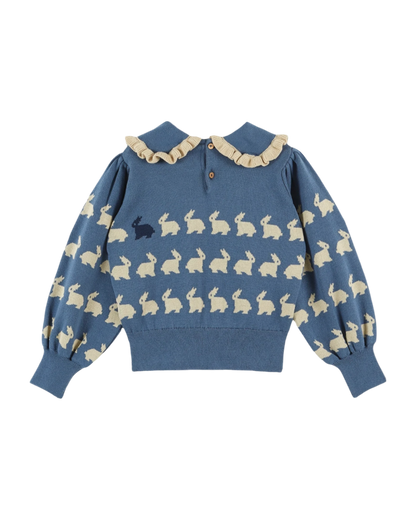 Pull jacquard lapin fille coton bio bleu