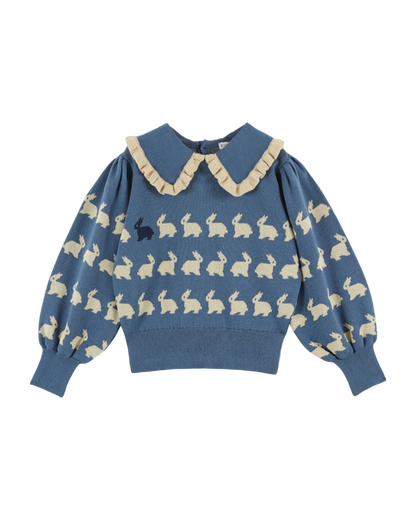 Pull jacquard lapin fille coton bio bleu