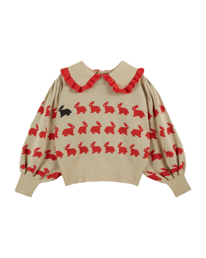 Pull jacquard lapin fille coton bio écru